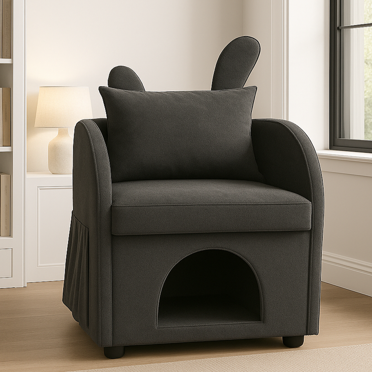 Dark Gray Bunny-Ear Pet-Friendly Armchair with Scratch-Resistant Fabric, Built-in Cat & Dog Hideaway, Dual-Use Sofa Chair with Side Pocket, 27.4 x 25.2 x 37.4 inch