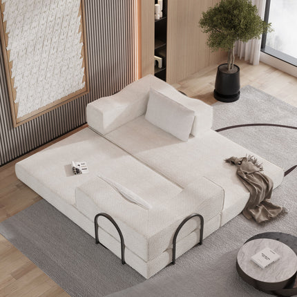 80" Convertible Couch Bed with 2 Pillows, 3-Seat Folding Floor Couch & King Size Bed Mattress, DIY Combination,Chenille,BEIGE/WHITE