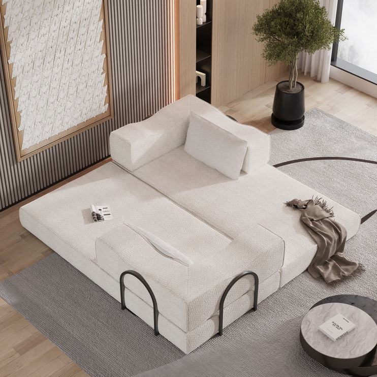 80" Convertible Couch Bed with 2 Pillows, 3-Seat Folding Floor Couch & King Size Bed Mattress, DIY Combination,Chenille,BEIGE/WHITE