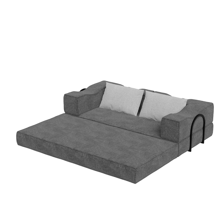 80" Convertible Couch Bed with 2 Pillows, 3-Seat Folding Floor Couch & King Size Bed Mattress, DIY Combination,Chenille,GREY