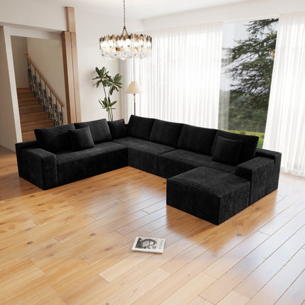 137.8*104.3"Modular sectional sofa seat,Upholstered compressed couch for living room,Bedroom,Apartment,No assembly required,4 PC free combination,Plush corduroy fabric,BLACK