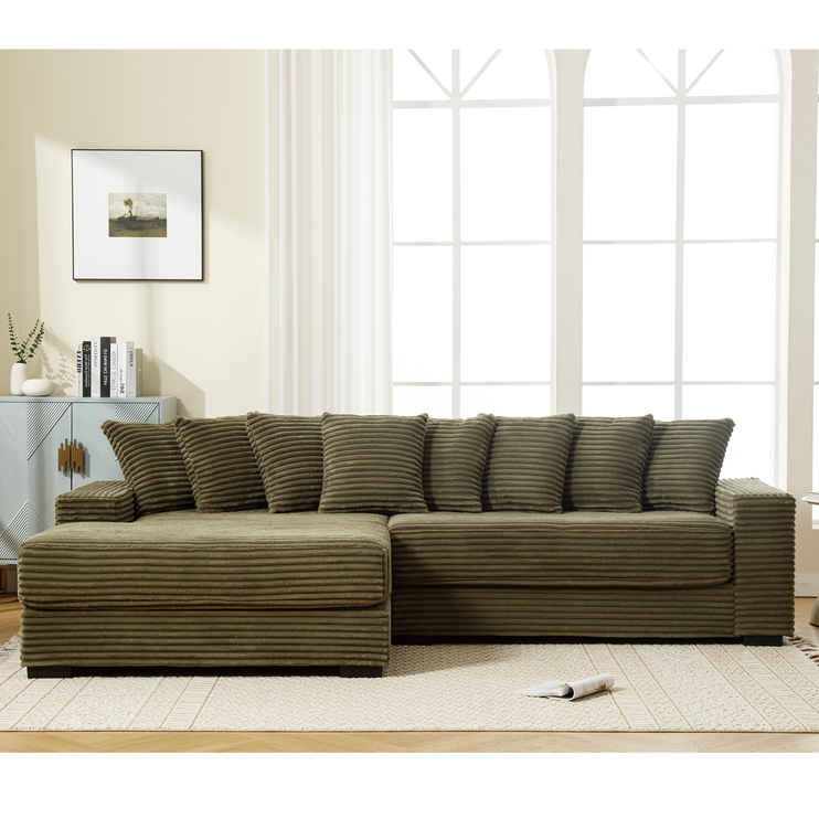 Oversized Two-Piece Couches, L Shaped Sofa, Corduroy, Left Chaise Daybed,with Armrests,Eight Throw Pillows,Corner Sofa,Easy To Assemble, Green
