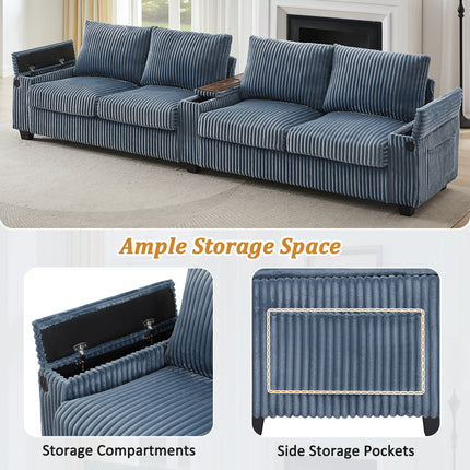 4-seater Corduroy Sofa Couch 133" Modern Sofa with USB Ports, Hidden Storage Arms, Flip-Top Cup Holders for Living Room, Blue