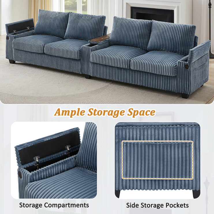 4-seater Corduroy Sofa Couch 133" Modern Sofa with USB Ports, Hidden Storage Arms, Flip-Top Cup Holders for Living Room, Blue