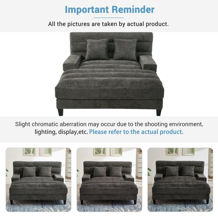 Modern Chaise Lounge Sofa 57.1" Sofa Bed Chenille Upholstered Lounge Sofa Chair with Adjustable Backrest and LED Light Strip for Living Room, Grey