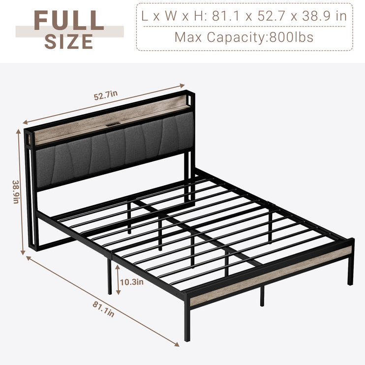 Full/Queen Bed Frame with Charging Station & Headboard, Wooden & Metal Bed Frame