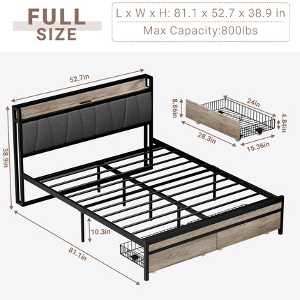 Full/Queen Bed Frame with Charging Station & Headboard, Wooden & Metal Bed Frame