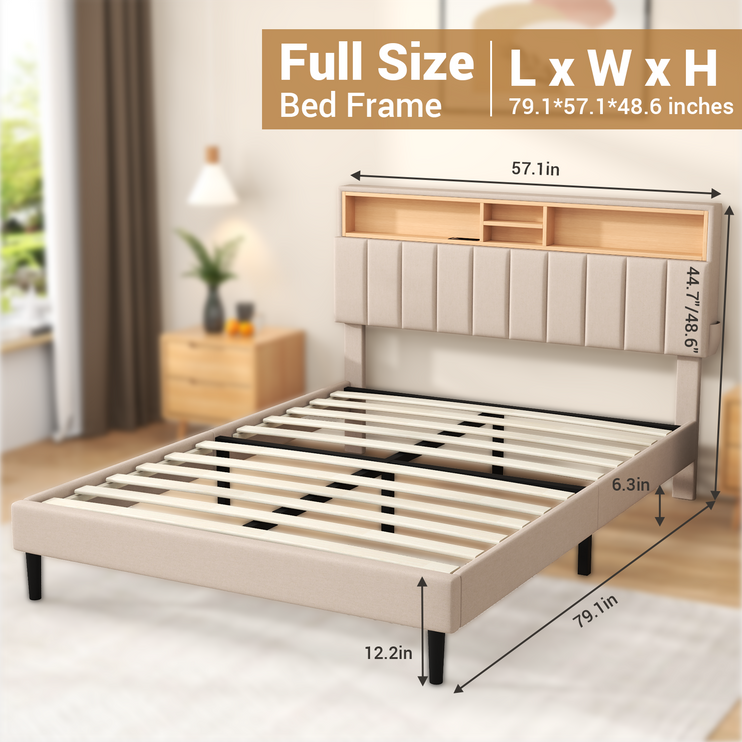 Full/Queen Upholstered Bed Frame with Charging Station & Hidden Storage Headboard, Wooden Bed Frame