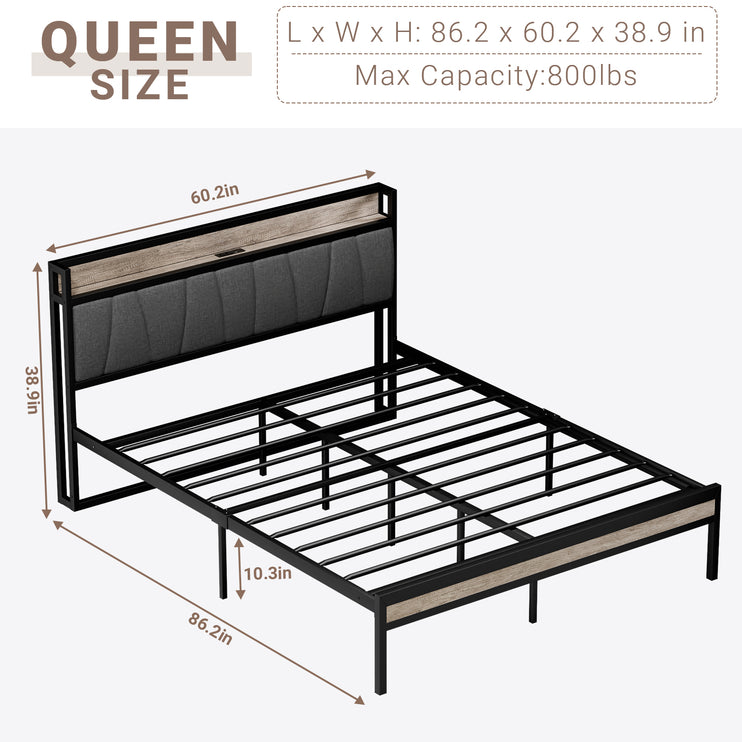 Full/Queen Bed Frame with Charging Station & Headboard, Wooden & Metal Bed Frame