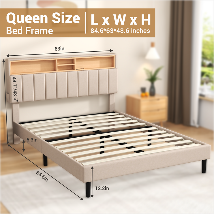 Full/Queen Upholstered Bed Frame with Charging Station & Hidden Storage Headboard, Wooden Bed Frame