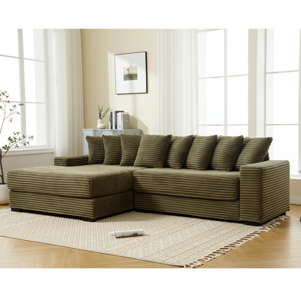 Oversized Two-Piece Couches, L Shaped Sofa, Corduroy, Left Chaise Daybed,with Armrests,Eight Throw Pillows,Corner Sofa,Easy To Assemble, Green