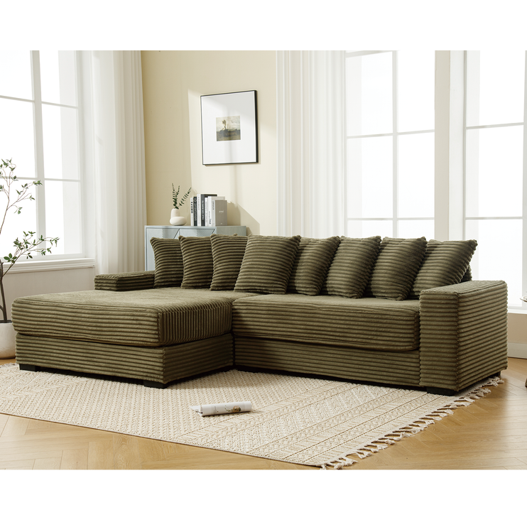 Oversized Two-Piece Couches, L Shaped Sofa, Corduroy, Left Chaise Daybed,with Armrests,Eight Throw Pillows,Corner Sofa,Easy To Assemble, Green