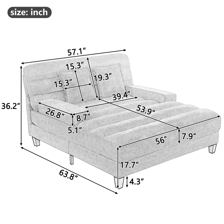 Modern Chaise Lounge Sofa 57.1" Sofa Bed Chenille Upholstered Lounge Sofa Chair with Adjustable Backrest and LED Light Strip for Living Room, Green