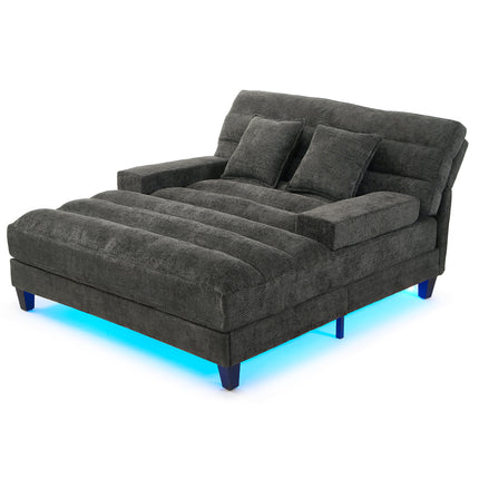 Modern Chaise Lounge Sofa 57.1" Sofa Bed Chenille Upholstered Lounge Sofa Chair with Adjustable Backrest and LED Light Strip for Living Room, Grey