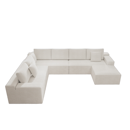 137.8*104.3"Modular sectional sofa seat,Upholstered compressed couch for living room,Bedroom,Apartment,No assembly required,4 PC free combination,Plush corduroy fabric,WHITE