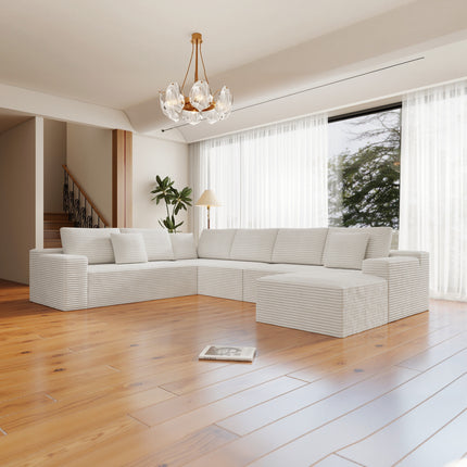 137.8*104.3"Modular sectional sofa seat,Upholstered compressed couch for living room,Bedroom,Apartment,No assembly required,4 PC free combination,Plush corduroy fabric,WHITE