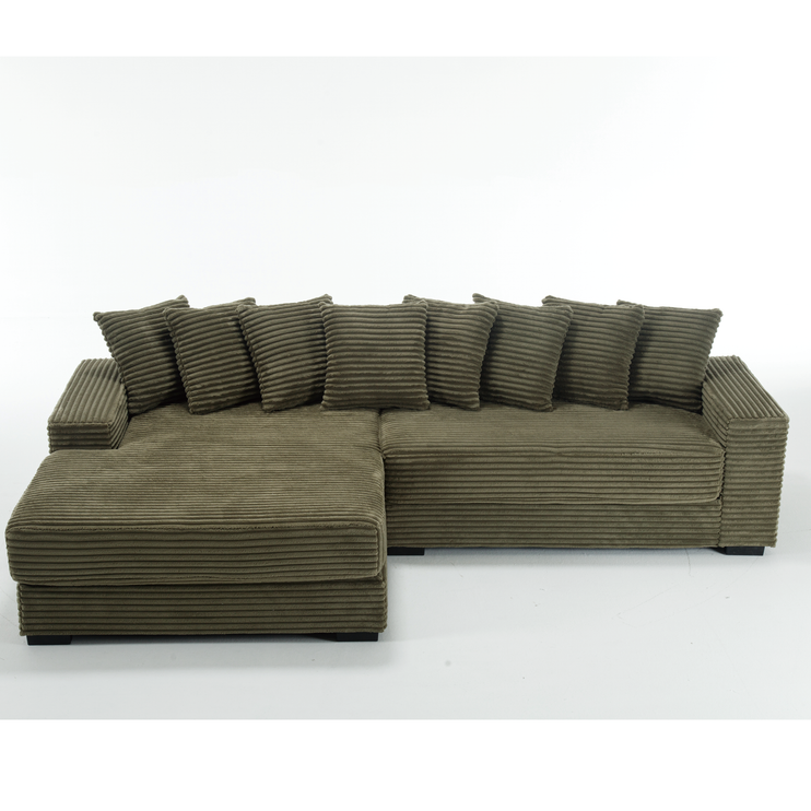 Oversized Two-Piece Couches, L Shaped Sofa, Corduroy, Left Chaise Daybed,with Armrests,Eight Throw Pillows,Corner Sofa,Easy To Assemble, Green