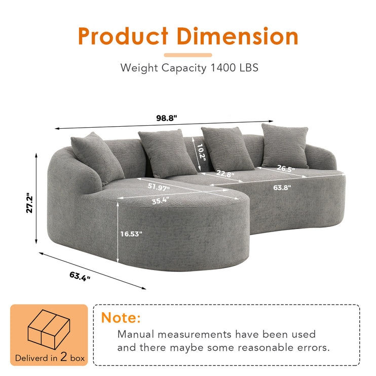 Boneless L-Shape Sectional Sofa with Curved Chaise,Grey Modular Chenille Compression Couch,30D High-Density Foam,Minimalist Modular Couches Sleeper for Living Room Bedroom Apartment Lounge