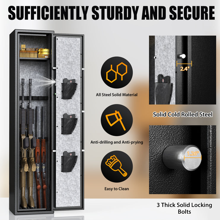 3-5 Gun Safes, Rifle Safe Long Gun Safe for Home, Quick & Easy Access Gun Cabinets for Home Rifle and Pistols with LED Light & Adjustable Racks