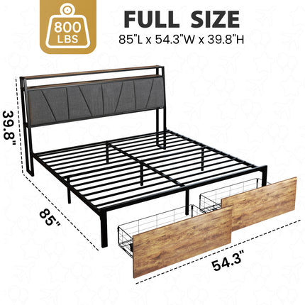 Full/ Queen/King Bed Frame with Charging Station, Storage Drawers  Upholstered Headband, Wooden & Metal Bed Frame