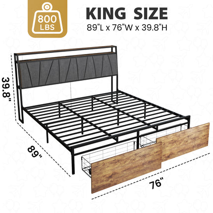 Full/ Queen/King Bed Frame with Charging Station, Storage Drawers  Upholstered Headband, Wooden & Metal Bed Frame