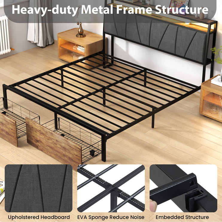 Full/ Queen/King Bed Frame with Charging Station, Storage Drawers  Upholstered Headband, Wooden & Metal Bed Frame