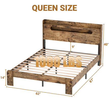 Full/Queen/King Bed Frame with Charging Station & RGB LED Light, Arc Edge Rectangular Slot Headboard, Wooden & Metal Bed Frame