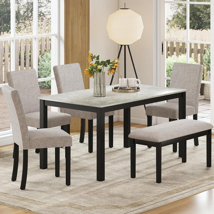 Zevemomo 6-Piece Wood Dining Table Set with Upholstered Chairs and Bench for Dining Room, Kitchen, Restaurant, Black & Grey
