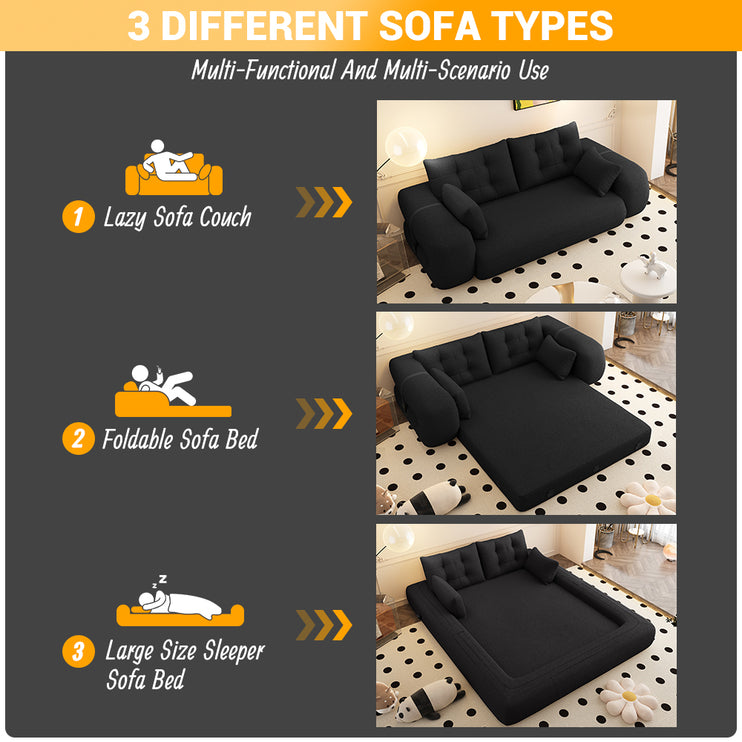 Human Dog Bed, Lazy Sofa Couch, 78.7" Multi-Functional Foldable Sofa Bed, 3-in-1 Teddy Fabric Foam-Filled Sleeper Sofa Bed for Living Room,Guest Bed,Playroom,Black