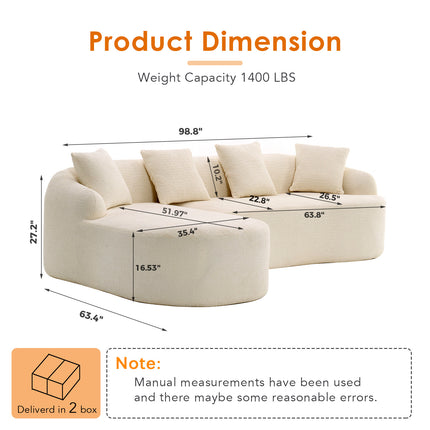 Boneless L-Shape Sectional Sofa with Curved Chaise,Beige White Modular Chenille Compression Couch,30D High-Density Foam,Minimalist Modular Couches Sleeper for Living Room Bedroom Apartment Lounge