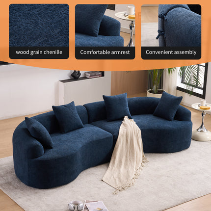 Compression Sponge Sofa Blue Curved Modular Sectional, 30D High-Density Chenille Sleeper Couch for Apartment, Living Room,110"L