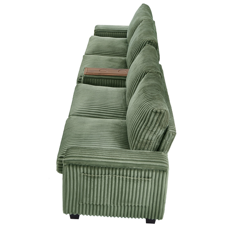 4-seater Corduroy Sofa Couch 133" Modern Sofa with USB Ports, Hidden Storage Arms, Flip-Top Cup Holders for Living Room, Green
