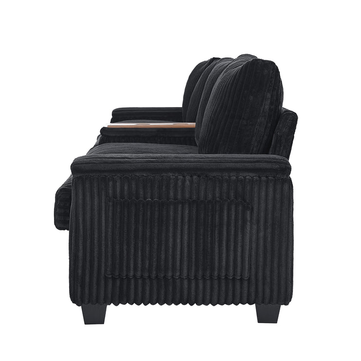 4-seater Corduroy Sofa Couch 133" Modern Sofa with USB Ports, Hidden Storage Arms, Flip-Top Cup Holders for Living Room, Black