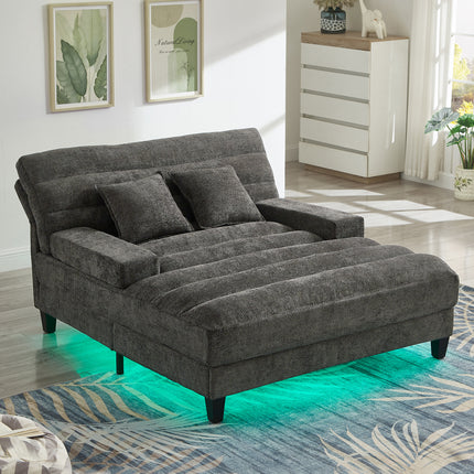 Modern Chaise Lounge Sofa 57.1" Sofa Bed Chenille Upholstered Lounge Sofa Chair with Adjustable Backrest and LED Light Strip for Living Room, Grey