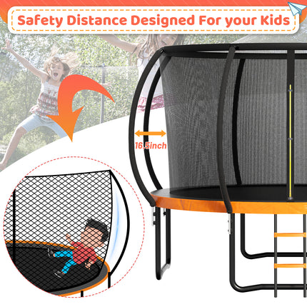 12ft /14ft Orange Trampoline with a Basketball Hoop, a Sprinkler & 4 Stakes