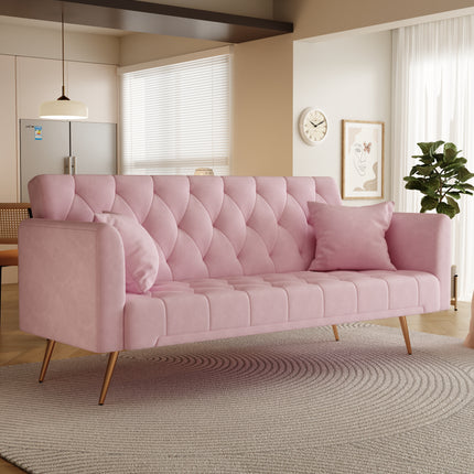 71 inch convertible love seat sofa, American retro pink velvet, suitable for small living room, bedroom, office