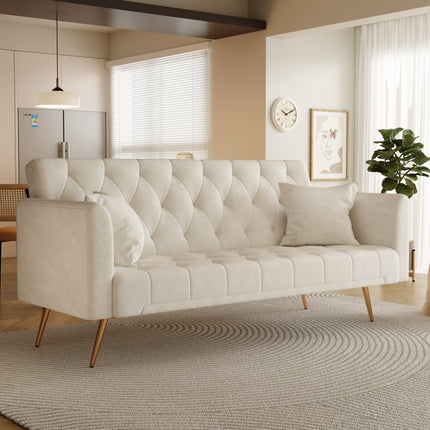 71 inch convertible love seat sofa, American retro beige velvet, suitable for small living room, bedroom, office