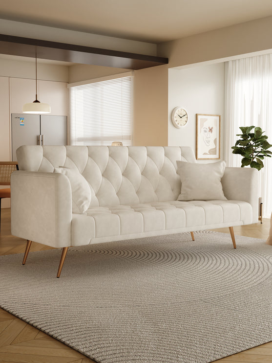 71 inch convertible love seat sofa, American retro beige velvet, suitable for small living room, bedroom, office