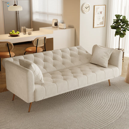 71 inch convertible love seat sofa, American retro beige velvet, suitable for small living room, bedroom, office