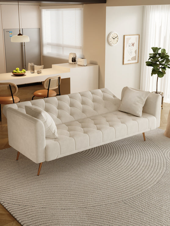 71 inch convertible love seat sofa, American retro beige velvet, suitable for small living room, bedroom, office