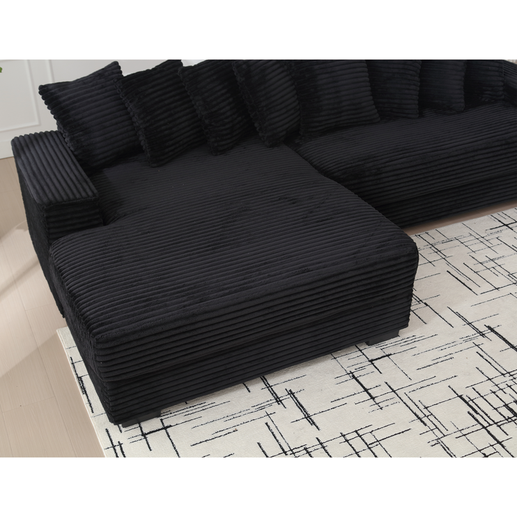 Oversized Two-Piece Couches, L Shaped Sofa, Corduroy, Left Chaise Daybed,with Armrests,Eight Throw Pillows,Corner Sofa,Easy To Assemble, Black