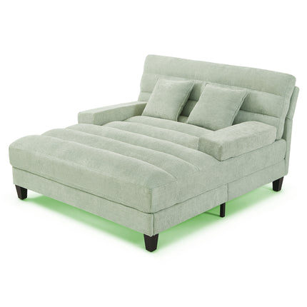 Modern Chaise Lounge Sofa 57.1" Sofa Bed Chenille Upholstered Lounge Sofa Chair with Adjustable Backrest and LED Light Strip for Living Room, Green