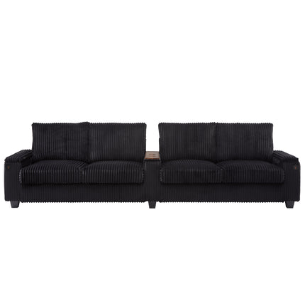 4-seater Corduroy Sofa Couch 133" Modern Sofa with USB Ports, Hidden Storage Arms, Flip-Top Cup Holders for Living Room, Black