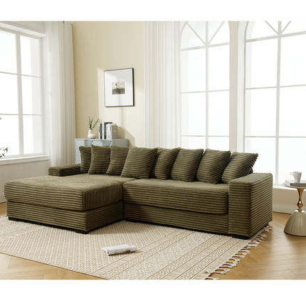 Oversized Two-Piece Couches, L Shaped Sofa, Corduroy, Left Chaise Daybed,with Armrests,Eight Throw Pillows,Corner Sofa,Easy To Assemble, Green