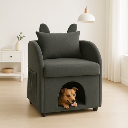 Dark Gray Bunny-Ear Pet-Friendly Armchair with Scratch-Resistant Fabric, Built-in Cat & Dog Hideaway, Dual-Use Sofa Chair with Side Pocket, 27.4 x 25.2 x 37.4 inch