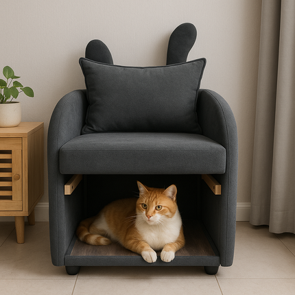 Dark Gray Bunny-Ear Pet-Friendly Armchair with Scratch-Resistant Fabric, Built-in Cat & Dog Hideaway, Dual-Use Sofa Chair with Side Pocket, 27.4 x 25.2 x 37.4 inch
