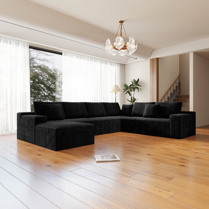 137.8*104.3"Modular sectional sofa seat,Upholstered compressed couch for living room,Bedroom,Apartment,No assembly required,4 PC free combination,Plush corduroy fabric,BLACK