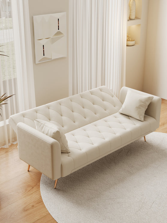71 inch convertible love seat sofa, American retro beige velvet, suitable for small living room, bedroom, office