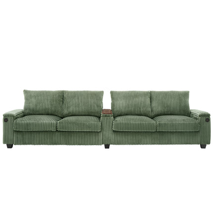 4-seater Corduroy Sofa Couch 133" Modern Sofa with USB Ports, Hidden Storage Arms, Flip-Top Cup Holders for Living Room, Green