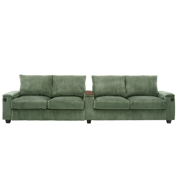 4-seater Corduroy Sofa Couch 133" Modern Sofa with USB Ports, Hidden Storage Arms, Flip-Top Cup Holders for Living Room, Green